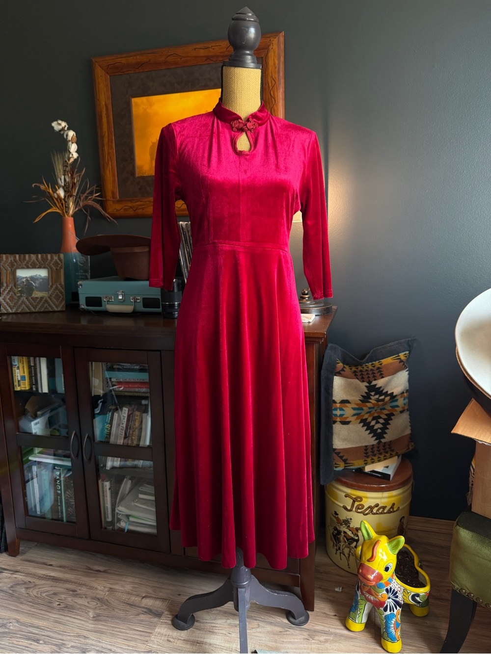 Red Velvet Midi Dress with Keyhole Neckline